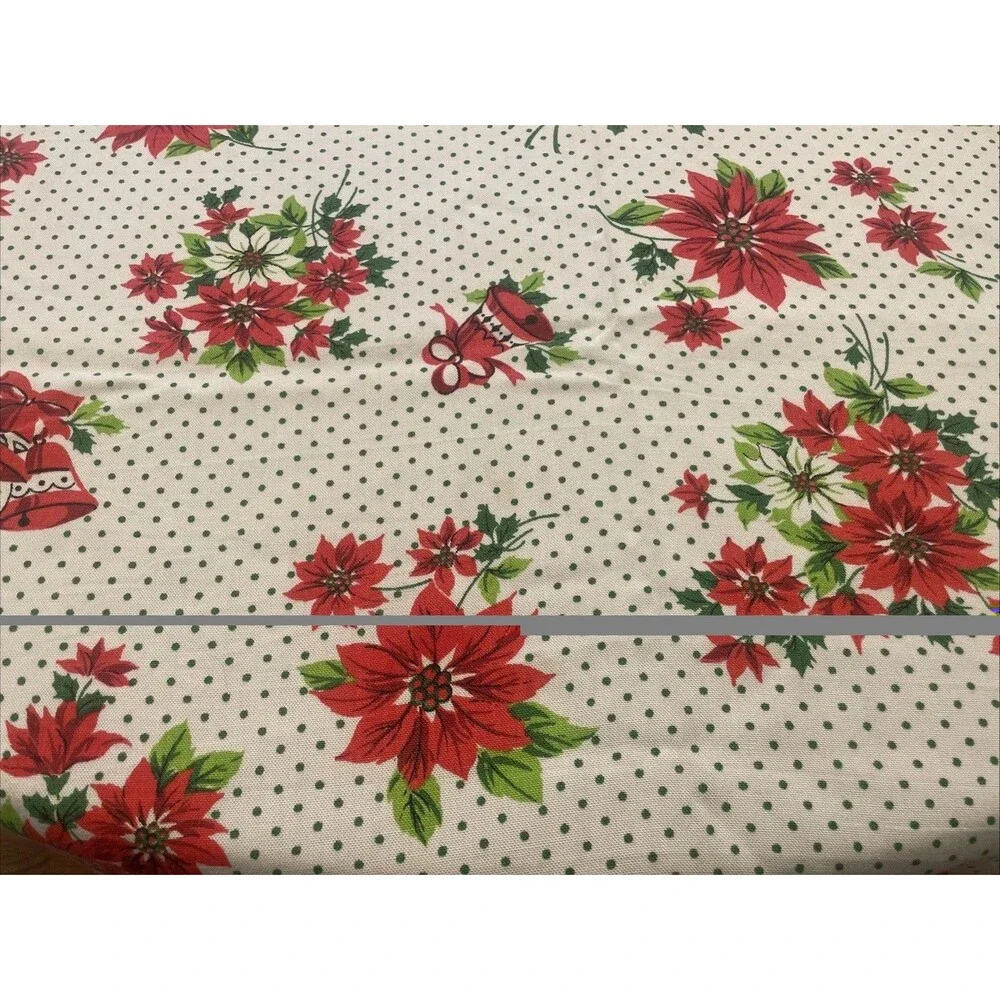 Vtg Christmas Tablecloth White w/ Red Poinsettia & Bells Green Polka Dots 58x81”